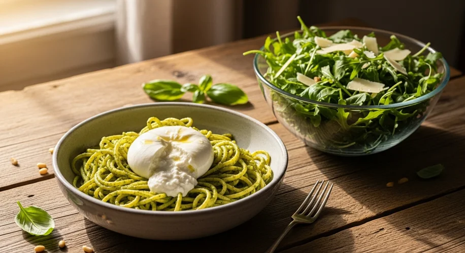 From Garden to Plate: My Effortless Pesto Pasta with a Zesty Arugula Caesar