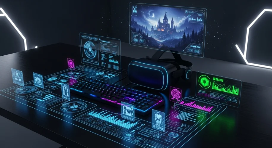 A futuristic gaming setup showcasing a VR headset