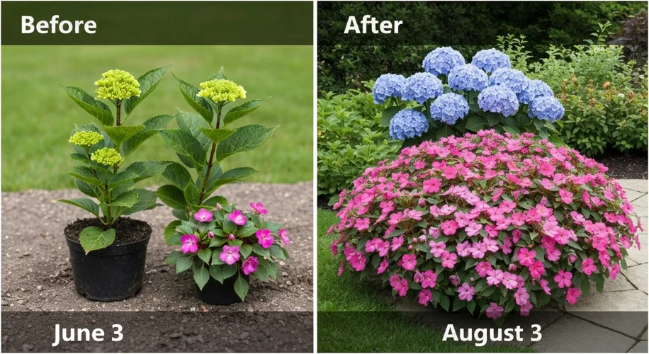 Two Months of Garden Growth: Hydrangea vs. Impatiens