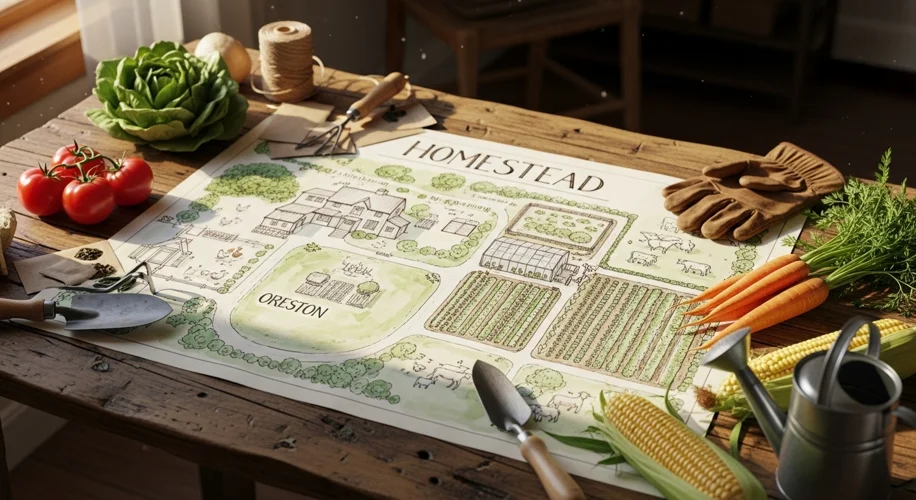 A rustic wooden table displaying a detailed hand-drawn homestead plan with sketches of gardens