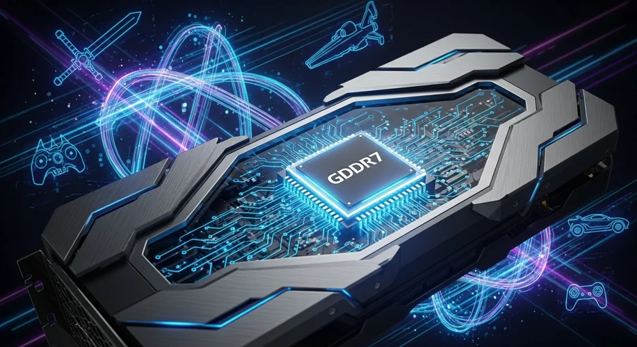 A futuristic graphics card with glowing blue circuits and a visible chip labeled 'GDDR7'