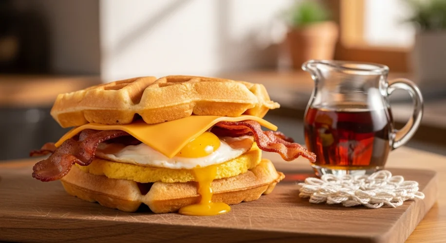 A delicious breakfast sandwich made with two golden-brown waffles as the 'buns'