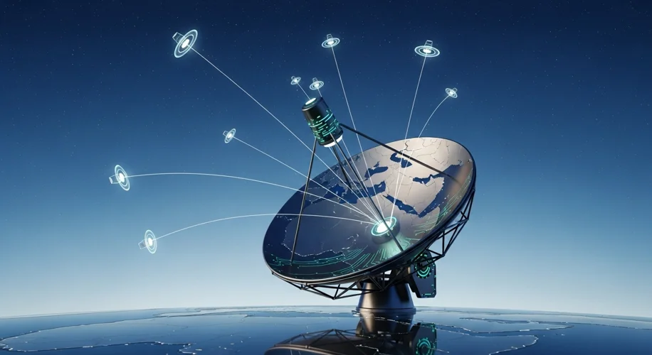 A stylized satellite dish receiving signals from multiple orbiting satellites