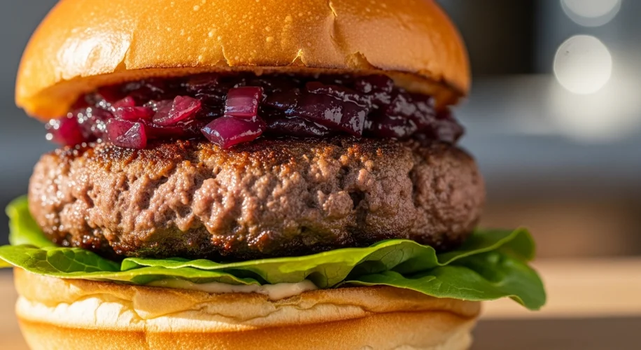 A close-up shot of a perfectly smashed burger on a toasted bun