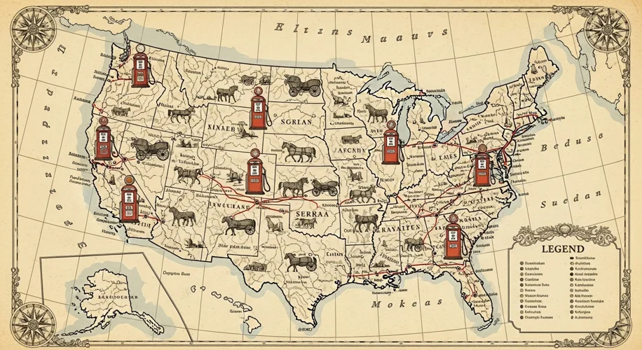A vintage map of the United States with overlaid icons of gas pumps and horse-drawn wagons