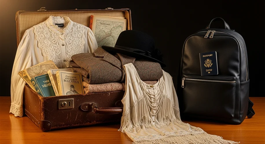 A vintage suitcase overflowing with historical-looking clothing and travel guides