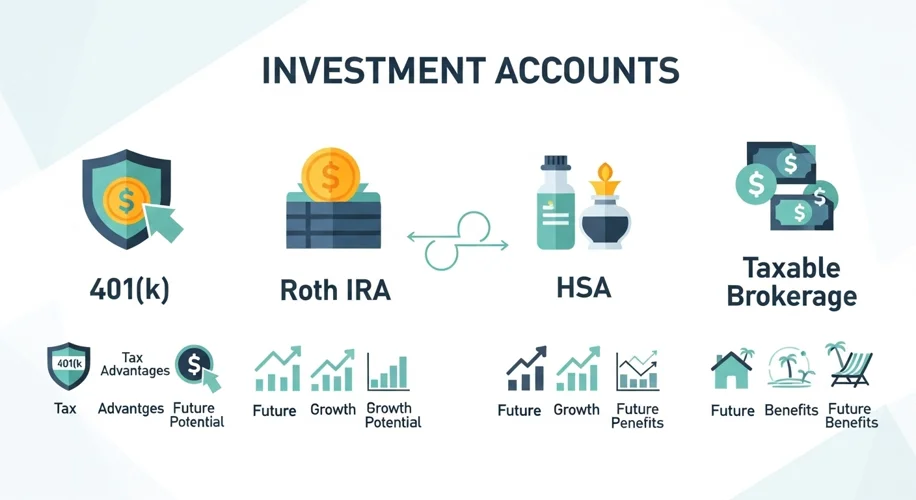 A stylized infographic showing different investment accounts (401k