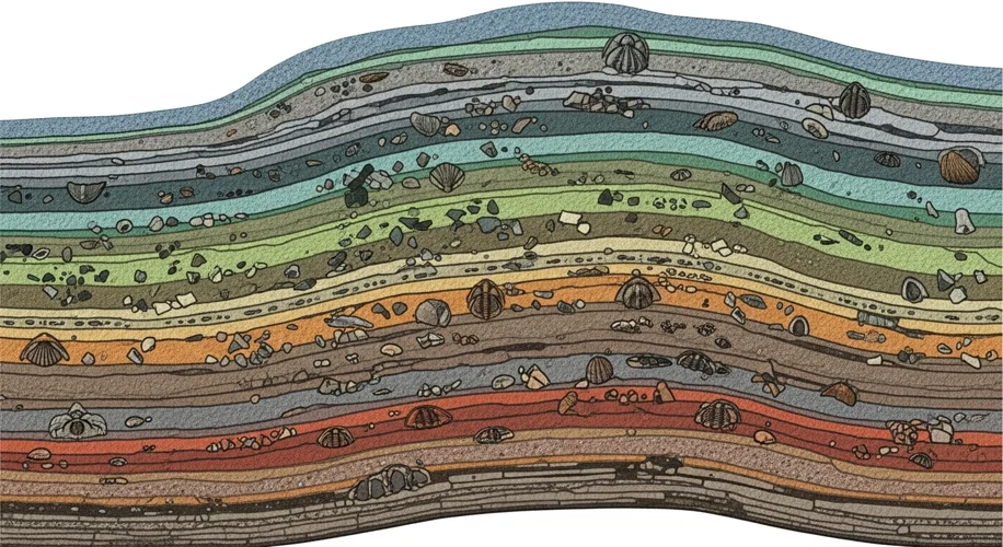 A geological cross-section of ancient rock layers on Anticosti Island
