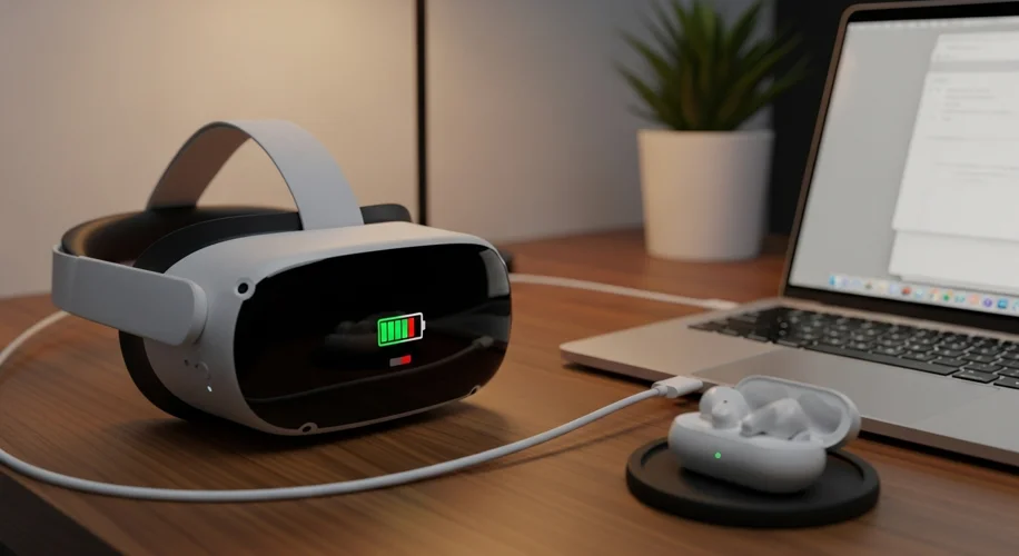 A Meta Quest 3 VR headset lying on a desk next to a laptop