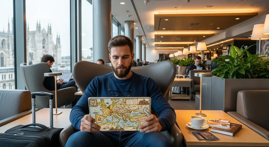 A traveler calmly sitting in a modern airport lounge