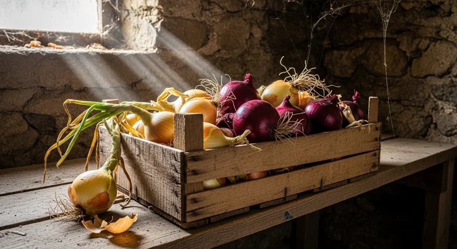 A rustic wooden crate filled with freshly harvested yellow and red onions