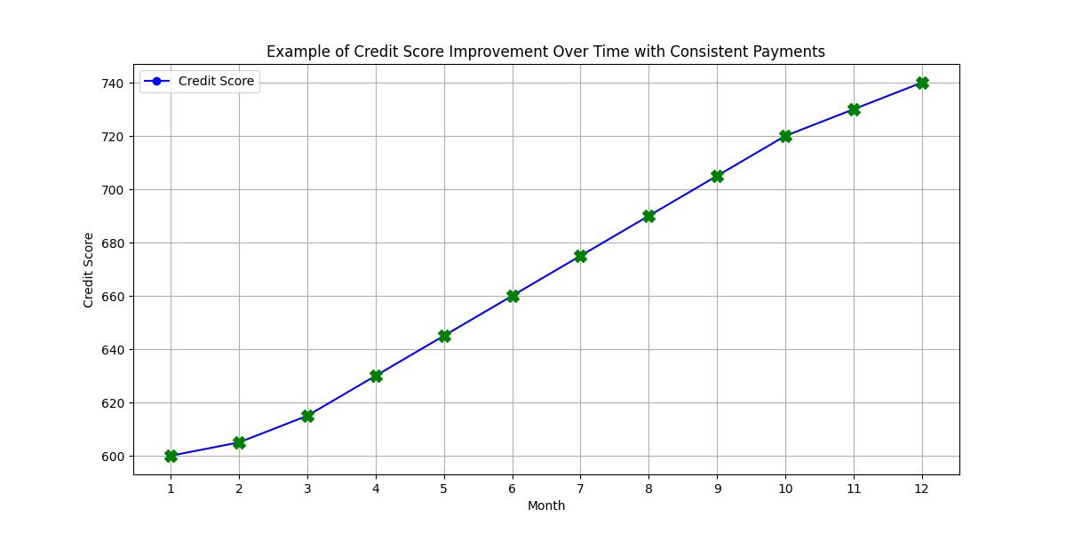 Example of credit score improvement over time with consistent payments