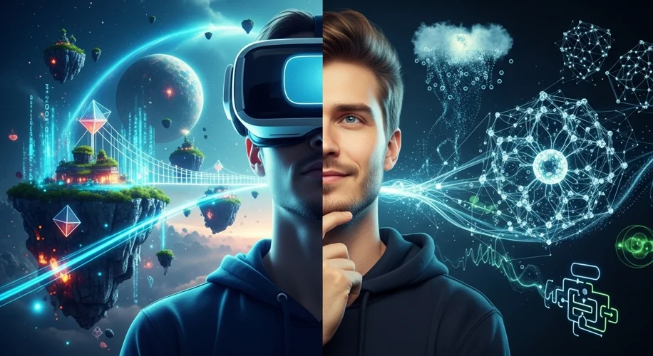 A split image showing a person wearing a VR headset on one side