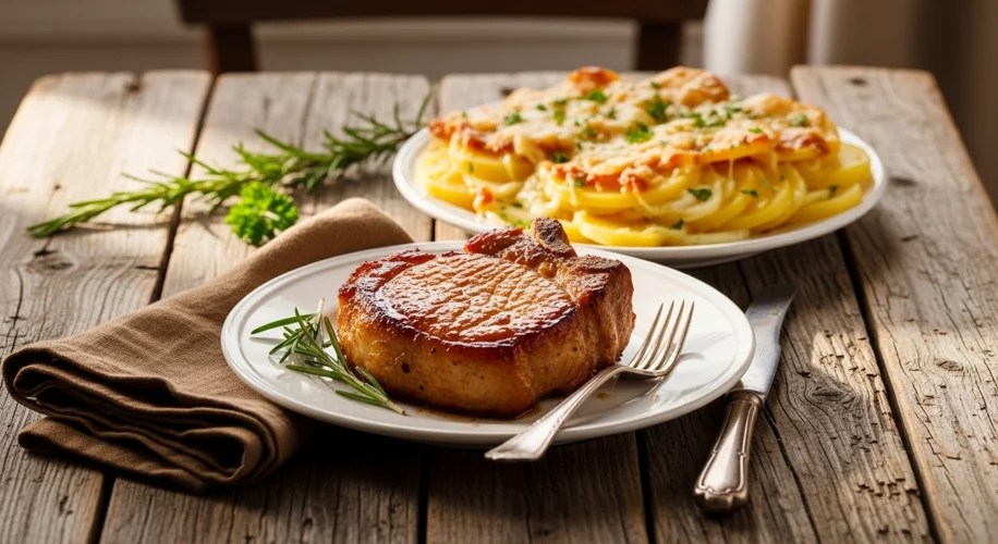 Creamy Scalloped Potatoes with Perfectly Cooked Pork Chops