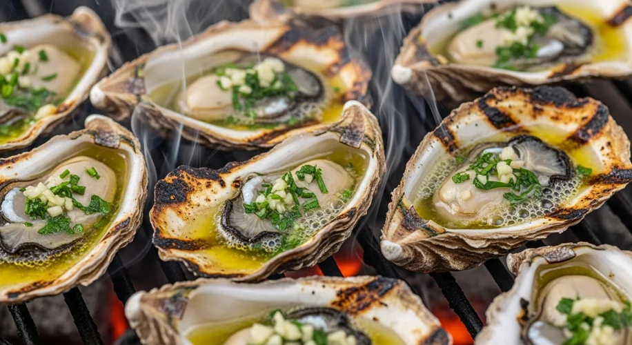 A close-up shot of chargrilled oysters on a grill